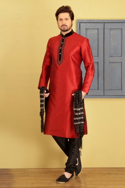 Indian Ethnic Maroon Dupion Art Silk Ethnic Wear Kurta Readymade Kurta Payjama