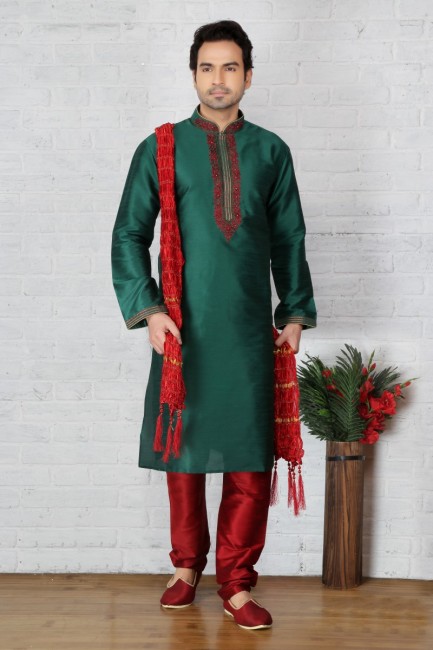 Attractive Green Dupion Art Silk Ethnic Wear Kurta Readymade Kurta Payjama