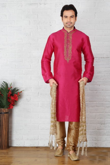 Dark Pink Dupion Art Silk Ethnic Wear Kurta Readymade Kurta Payjama