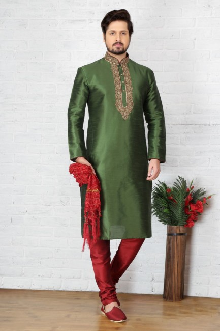 Lovely Green Dupion Art Silk Ethnic Wear Kurta Readymade Kurta Payjama