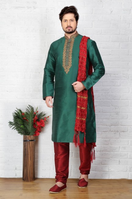 Designer Green Dupion Art Silk Ethnic Wear Kurta Readymade Kurta Payjama