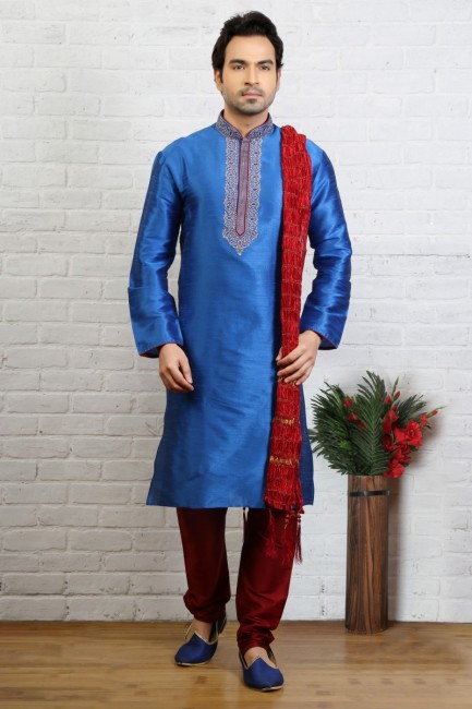 Impressive Blue Dupion Art Silk Ethnic Wear Kurta Readymade Kurta Payjama