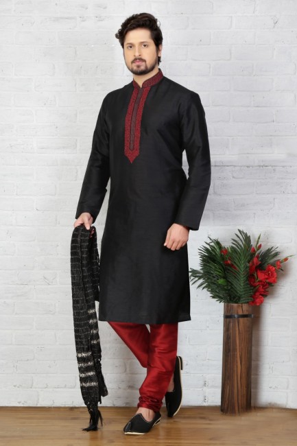 Attractive Black Dupion Art Silk Ethnic Wear Kurta Readymade Kurta Payjama
