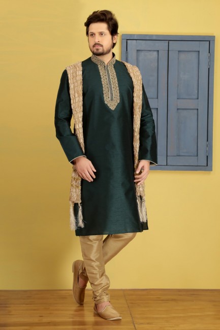 Dashing Green Dupion Art Silk Ethnic Wear Kurta Readymade Kurta Payjama