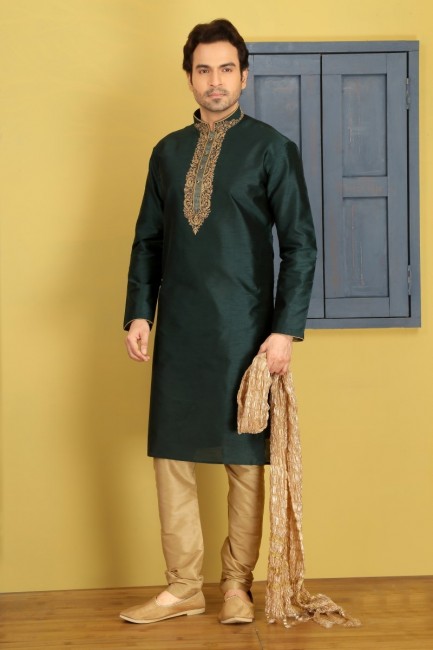 Snazzy Green Dupion Art Silk Ethnic Wear Kurta Readymade Kurta Payjama