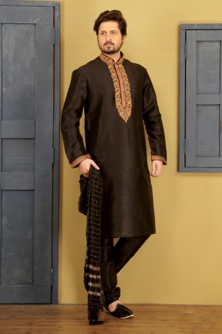 Snazzy Black Dupion Art Silk Ethnic Wear Kurta Readymade Kurta Payjama