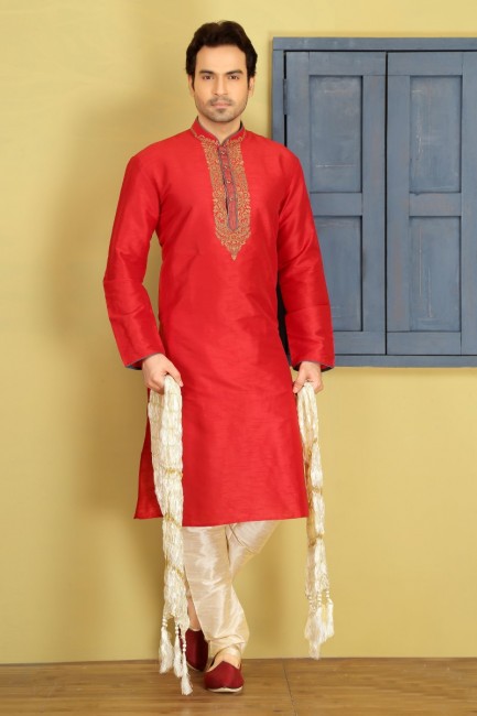 Dashing Red Dupion Art Silk Ethnic Wear Kurta Readymade Kurta Payjama