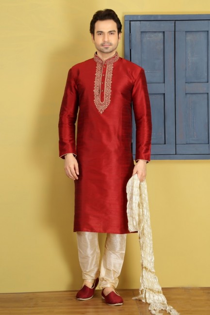 Appealing Maroon Dupion Art Silk Ethnic Wear Kurta Readymade Kurta Payjama