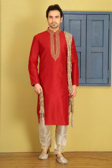 Modish Red Dupion Art Silk Ethnic Wear Kurta Readymade Kurta Payjama