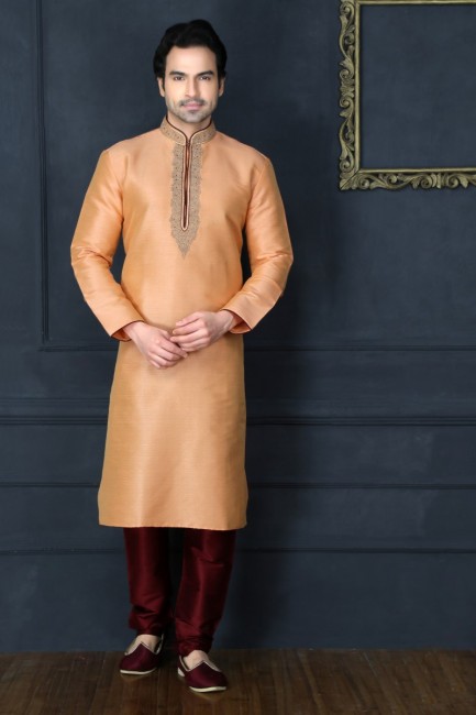 Stylish Peach Art Banarasi Silk Ethnic Wear Kurta Readymade Kurta Payjama