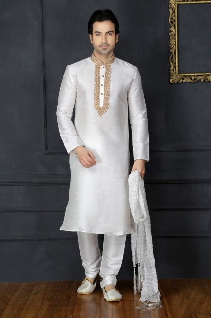 Stunning Off White Dupion Art Silk Ethnic Wear Kurta Readymade Kurta Payjama