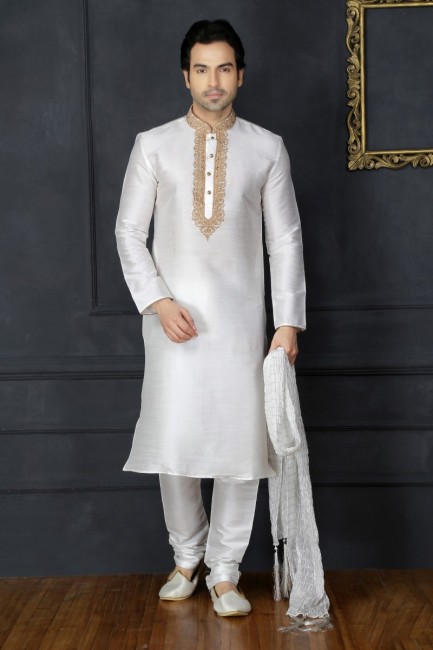 Admirable Off White Dupion Art Silk Ethnic Wear Kurta Readymade Kurta Payjama