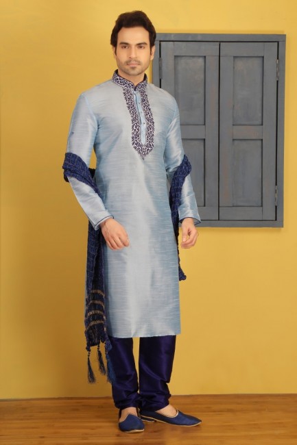 Beautiful Sky Blue Dupion Art Silk Ethnic Wear Kurta Readymade Kurta Payjama