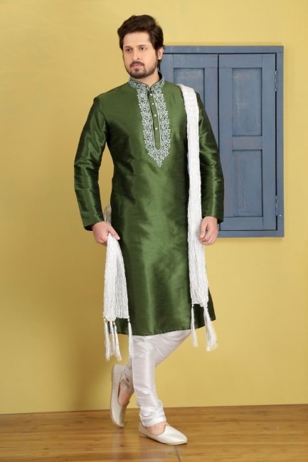 Pretty Green Dupion Art Silk Ethnic Wear Kurta Readymade Kurta Payjama