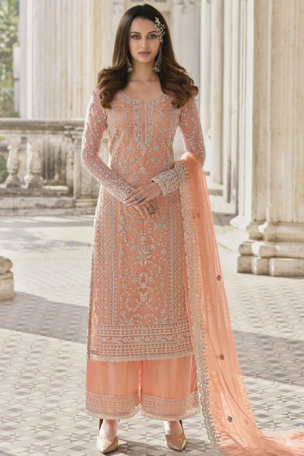 Net Palazzo Suit in Peach with Crystal