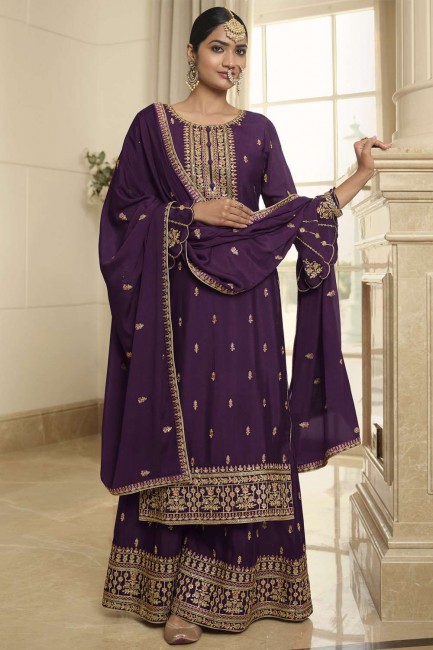 Chinon chiffon Palazzo Suit in Purple with Thread