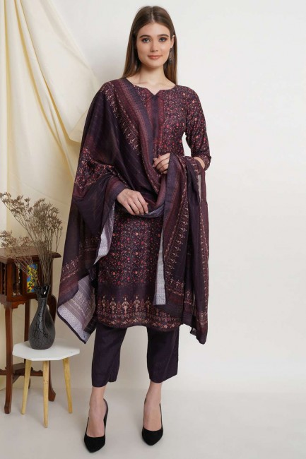 Digital print Salwar Kameez in Violet Cotton
