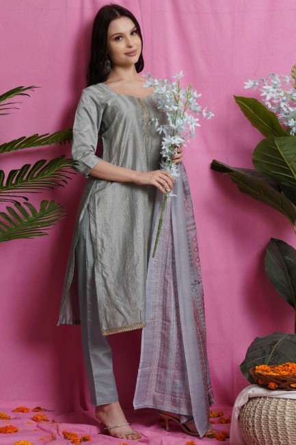 Grey Salwar Kameez with Digital print Art silk