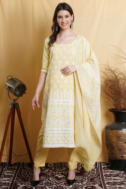 Cotton Salwar Kameez with Mirror in Yellow