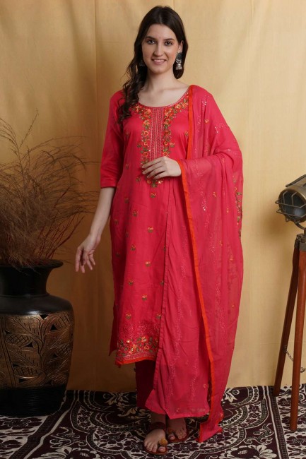 Magenta Palazzo Suit with Thread Cotton