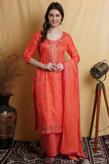Peach Palazzo Suit in Cotton with Thread