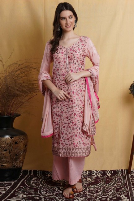 Embroidered Silk Palazzo Suit in pink