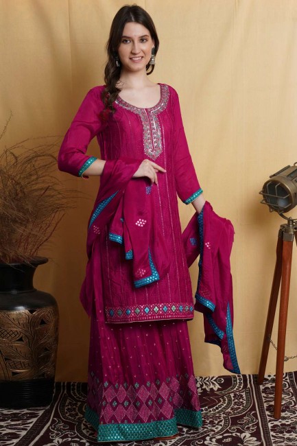 Magenta Palazzo Suit in Chinon chiffon with Mirror