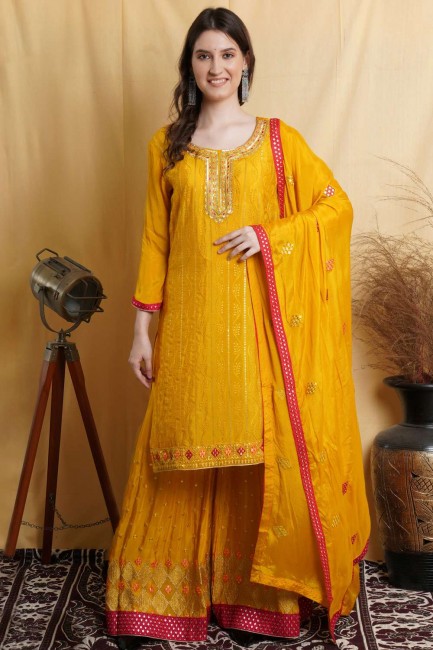 Chinon chiffon Palazzo Suit in Yellow with Mirror