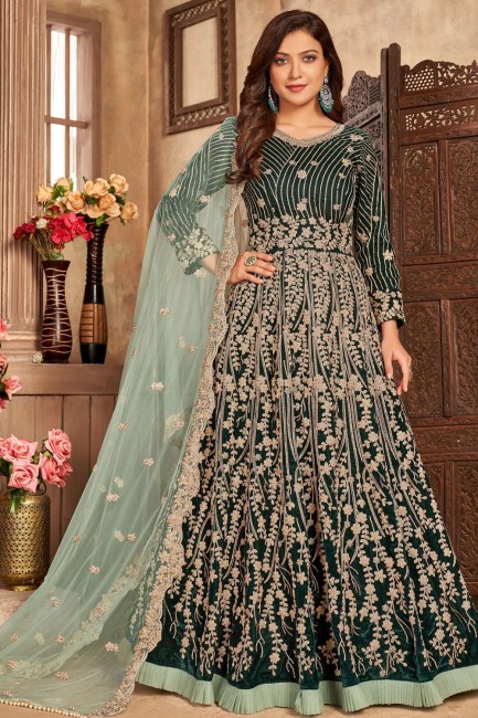 Faux georgette Embroidered Green Anarkali Suit with Dupatta