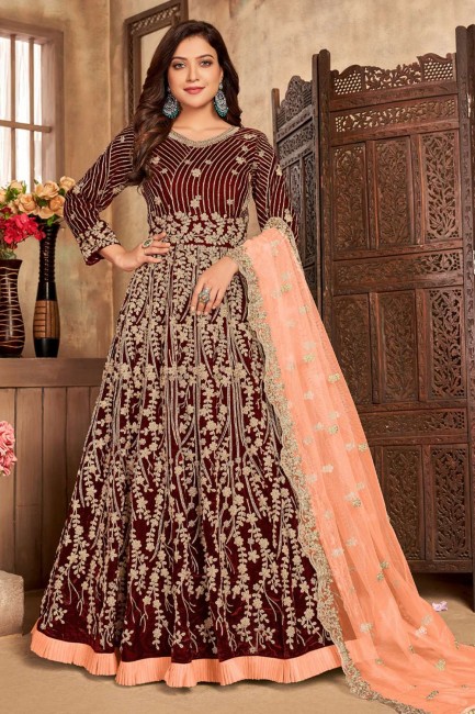 Anarkali Suit Maroon  in Embroidered Faux georgette