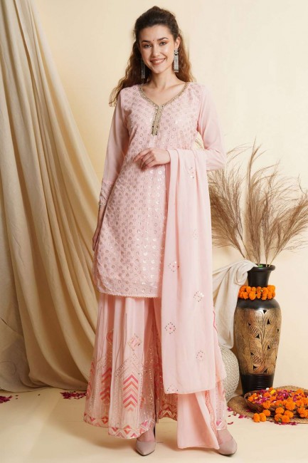 Thread Georgette Pink Diwali Palazzo Suit with Dupatta