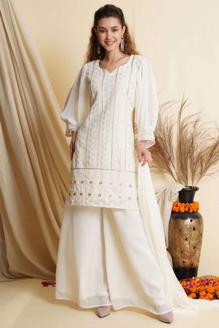 Off white Diwali Palazzo Suit in Georgette with Sequins