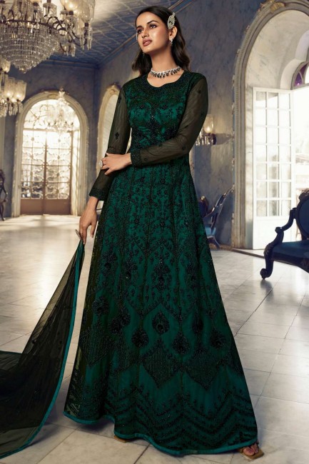 Sequins Net Green Anarkali Suit with Dupatta