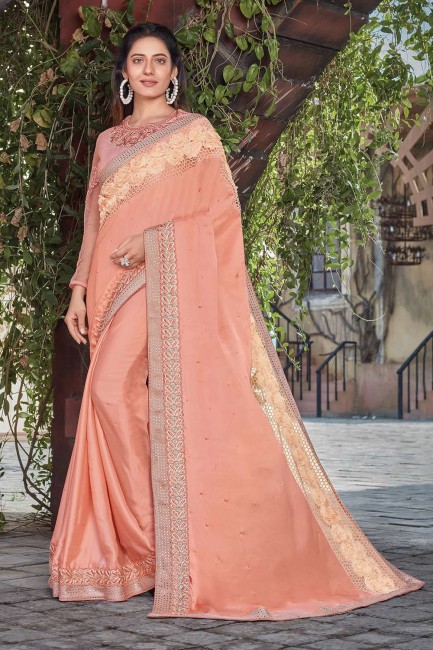 Peach Saree in Silk with Resham,embroidered