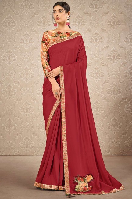 Digital print Satin and silk Saree in Red with Blouse
