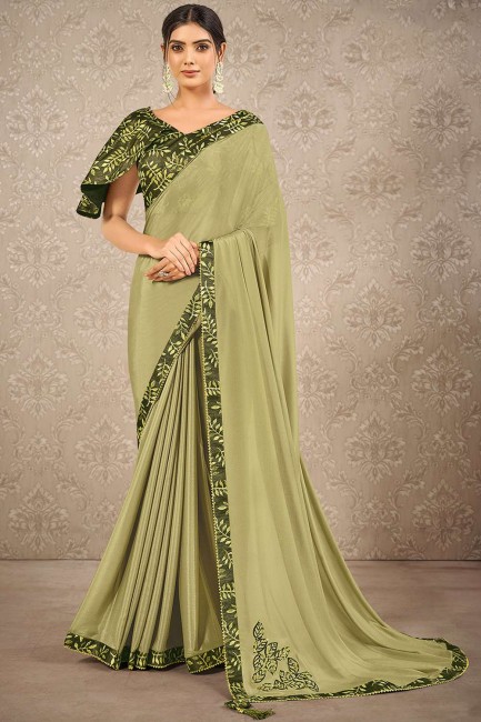 Digital print Georgette and silk Saree in Green with Blouse
