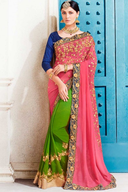 Classy Pink Faux Georgette Saree