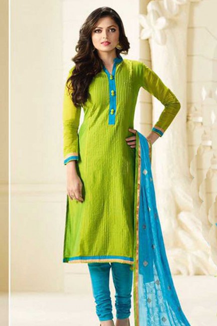 Stylish Green Chanderi Churidar Suit
