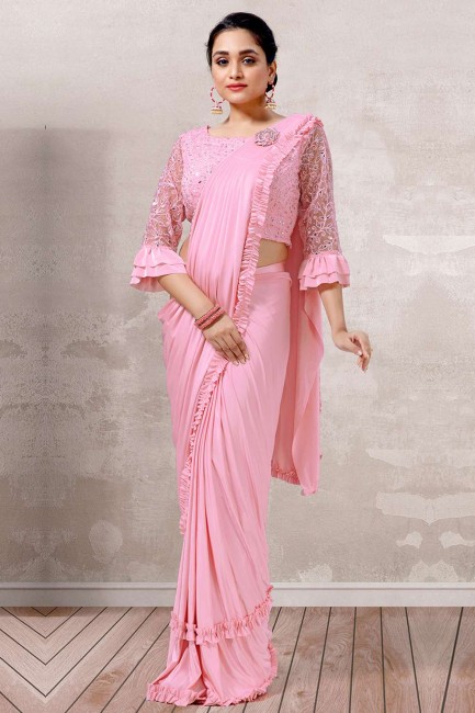 Lycra Embroidered Pink Saree with Blouse