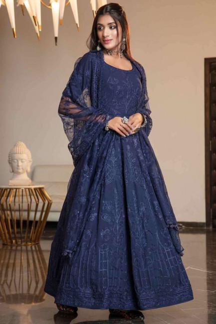 Georgette Anarkali Suit with Thread in Navy blue
