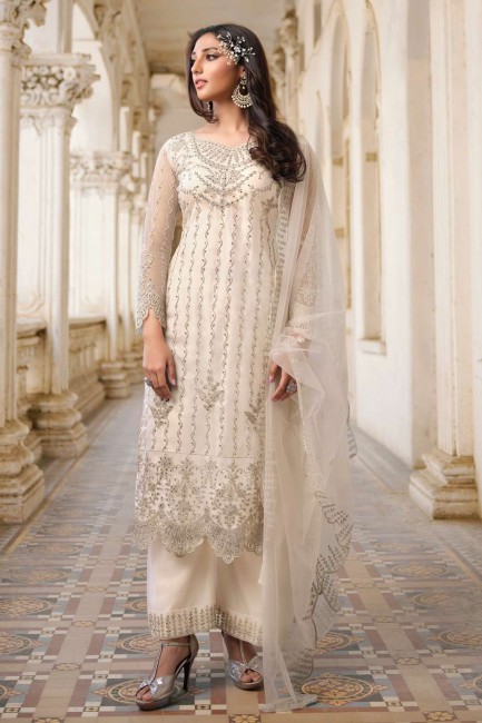 Net Palazzo Suit with Embroidered in Off white