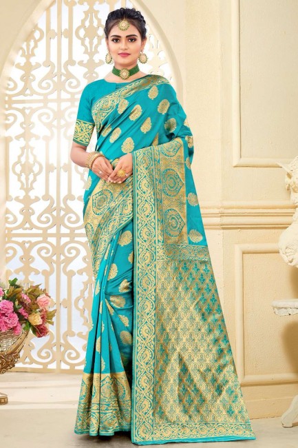 Banarasi silk karva chauth Banarasi Saree with Weaving in Turquoise blue