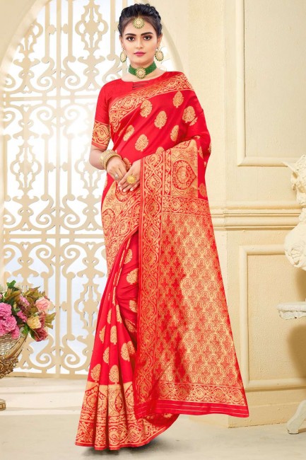 Banarasi silk Karva Chauth Banarasi Saree with Weaving in Red