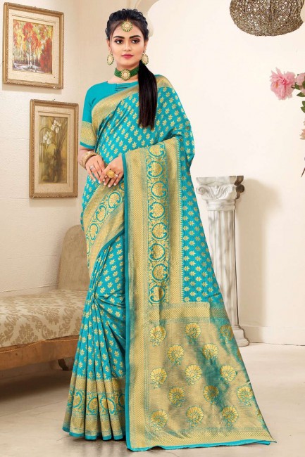 Banarasi Karva Chauth Saree in Turquoise blue Banarasi silk with Weaving
