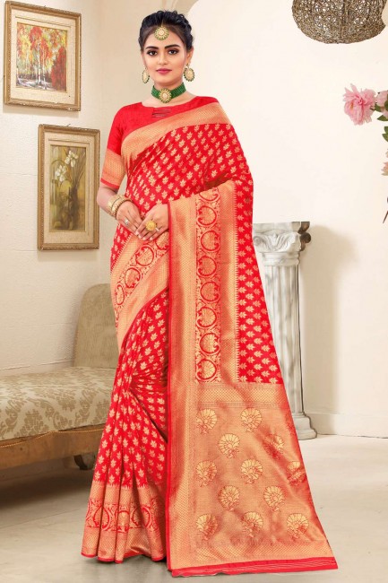 Weaving Banarasi Karva Chauth Saree in Red Banarasi silk