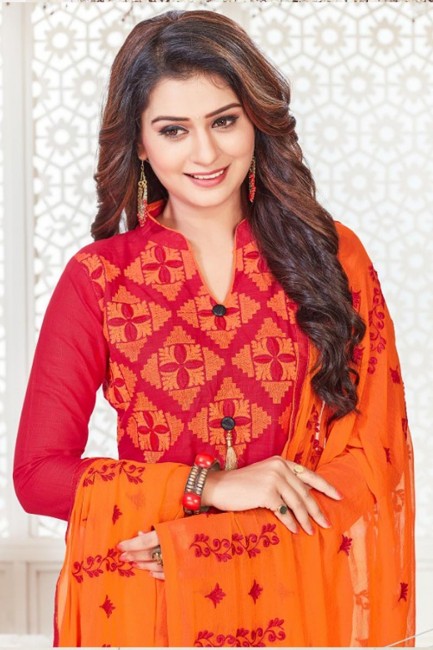 Admirable Red South Cottan Churidar Suit