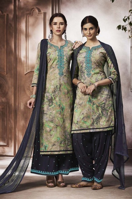 Opulent Multi Color Cotton Slub Print with Work Patiala Suit