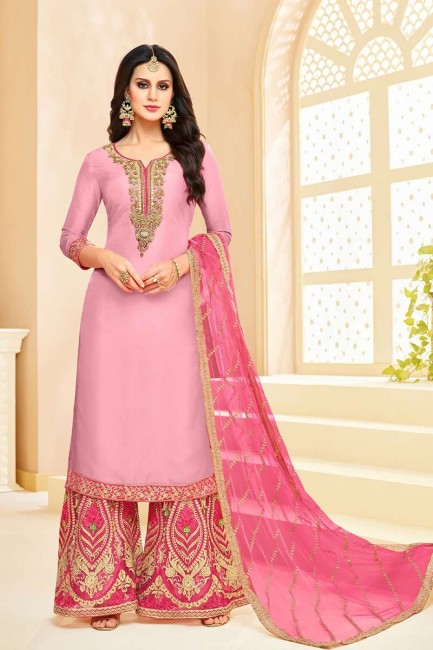 Splendid Pink Upada Silk Palazzo Suit