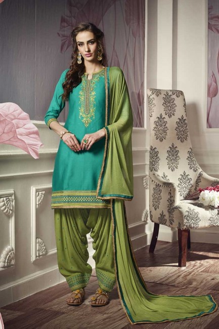 Aqua Green Cotton Satin Patiala Suit