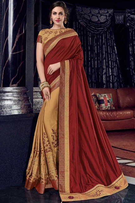 maroon and gold two tone silk fabrics and bright georgette saree